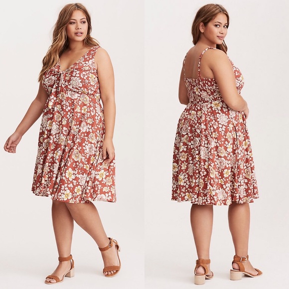 torrid Dresses & Skirts - Torrid | Rust Floral Print Tie Knee Length Dress